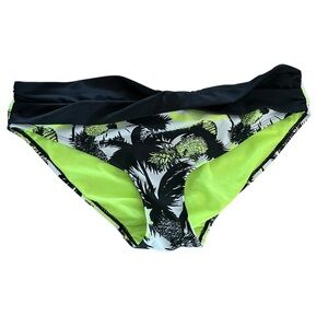 Black and Neon Pineapple Palm Print Bikini Bottom Ruched Waist Tropical Swim